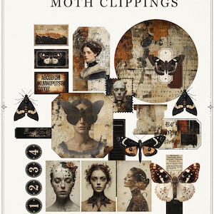 Könnte beinhalten: Eine Sammlung druckbarer digitaler Ephemera mit dem Titel MOTH CLIPPINGS, bestehend aus Porträts im Vintage-Stil, Motten-Illustrationen, Alphabet-Blöcken, nummerierten Kreisen und strukturierten Papierstücken in Sepia, Schwarz und Creme.