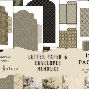 Peut inclure: Impression numérique de papier à lettres et d'enveloppes avec des motifs floraux et géométriques bruns et beiges. L'ensemble comprend 12 pages, format A4, PDF/JPG, 300 DPI. Le texte "Letter Paper & Envelopes Memories" est affiché.