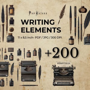 Può includere: Una collezione digitale di elementi di scrittura con macchine da scrivere vintage, vari calamai e penne d'oca su uno sfondo color pergamena. Il testo recita Pop Helena, WRITING ELEMENTS, 11 x 8,5 inch- PDF / JPG / 300 DPI e +200.