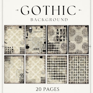 Pode incluir: Uma coleção de 20 páginas digitais intitulada GOTHIC BACKGROUND, apresentando texturas de papel envelhecido com padrões em preto e bege, incluindo caveiras, damasco, losangos de arlequim, motivos florais, tipografia vintage e escrita à mão.