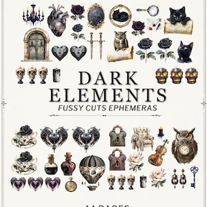 Dark Elements Printable | Ephemera Kit | Gothic Vintage Clipart | A4 14 Pages