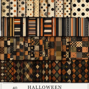 Puede incluir: Una colección de 40 páginas de patrones digitales con temática de Halloween que incluyen lunares, rayas, cuadros y diseños de rombos en colores negro, naranja y crema. El texto dice 40 PAGES HALLOWEEN PATTERN BOOK 300 DPI PDF JPEG 11 X 8.5 IN.