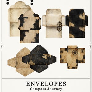 May include: A digital collection of printable envelope templates featuring vintage map designs, compass motifs, and aged parchment textures in black and beige. The text reads ENVELOPES Compass Journey 10 PAGES 300 DPI PDF JPEG.