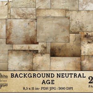 Pode incluir: Uma coleção de texturas de papel envelhecido em tons de bege e castanho, com efeitos de desgaste, rachaduras e manchas. A imagem inclui o texto "BACKGROUND NEUTRAL AGE" e "26 PAGES", com dimensões de 8,5 x 11 polegadas.