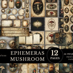 Pode incluir: Uma coleção de papéis imprimíveis em estilo vintage com ilustrações de cogumelos. O design inclui várias formas e tamanhos, com uma estética rústica e envelhecida. O texto "EPHEMERAS MUSHROOM 12 PAGES" é exibido em uma faixa preta.