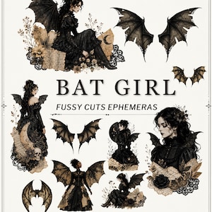 Ritagli di precisione per Bat Girl | Ali di pipistrello gotiche | Dark Academia vittoriana | Donne gotiche | Kit per Junk Journal