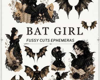 Bat Girl Fussy Cuts Printable | Gothic Bat Wings Ephemera | Victorian Dark Academia | Gothic Women | Junk Journal Kit