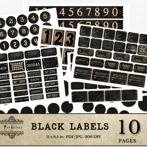 May include: A collection of black and cream-colored vintage-style labels and number stickers. The image includes circular stickers with numbers, rectangular labels with text, and ticket-style designs. The text "BLACK LABELS" and "10 PAGES" are visible.