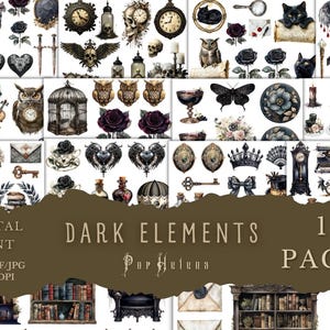 Könnte beinhalten: Digitaldruck mit dem Titel "Dark Elements" mit Aquarellillustrationen von gotischen und Vintage-Objekten. Enthält Uhren, Rosen, Eulen, Schlüssel und andere düstere Elemente. Der Text "14 PAGES" ist ebenfalls enthalten.