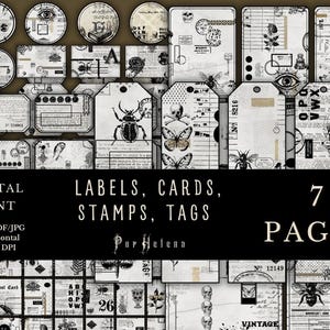 Pode incluir: Impressão digital com etiquetas, cartões, selos e tags em estilo vintage. O design inclui ilustrações de insetos, crânios e elementos botânicos. O texto na imagem diz "LABELS, CARDS, STAMPS, TAGS" e "7 PAGES".