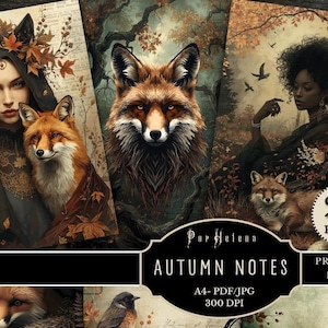 Pode incluir: Papéis digitais para impressão com ilustrações com tema de outono. A arte inclui imagens de uma raposa, uma mulher e folhagens de outono. O texto na imagem diz "Autumn Notes" e "20 Pages".