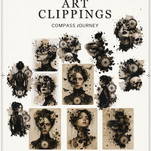 May include: A collection of seven digital art pages titled ART CLIPPINGS COMPASS JOURNEY. The images feature sepia-toned portraits of individuals adorned with floral elements, skulls, compasses, and ink splatter effects on a light background.