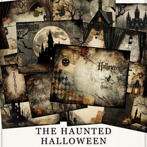 Peut inclure: Un ensemble de 30 pages numériques intitulé The Haunted Halloween, présentant des images gothiques sombres avec des silhouettes de châteaux, des pleines lunes, des chauves-souris, des crânes, des citrouilles et une typographie vintage.