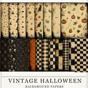 Può includere: Una collezione di 25 carte di sfondo digitali intitolate VINTAGE HALLOWEEN. Il set presenta motivi con zucche, teschi, gatti neri, fantasmi, cappelli da strega e pipistrelli, insieme a disegni a scacchi e quadri bianchi e neri su carta invecchiata.