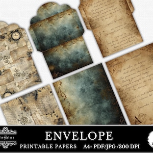 May include: A set of vintage-style printable papers and envelopes. The envelopes have a distressed design with clock and newspaper print. The papers feature handwritten text and decorative borders. The image text reads "ENVELOPE PRINTABLE PAPERS A4- PDF/JPG /300 DPI 6 PAGES."