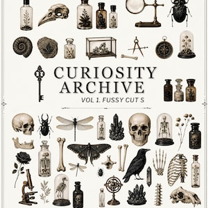 Puede incluir: Una colección de ilustraciones de estilo vintage titulada CURIOSITY ARCHIVE VOL 1. FUSSY CUTS, que presenta cráneos, insectos, frascos de vidrio, cristales, un microscopio, una brújula, un cuervo y restos esqueléticos sobre un fondo claro.
