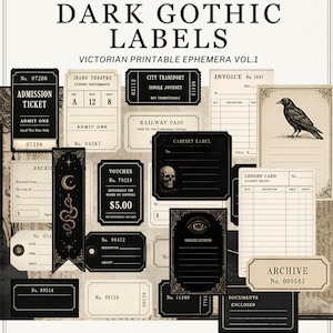 Dark Gothic Labels Printable, Victorian Ephemera Bundle, Junk Journal Kit, Vintage Labels, Ledger Cards, Tickets, Tags