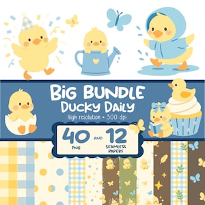 Könnte beinhalten: Ein digitales Kunstpaket mit Cartoon-Entenküken in verschiedenen Posen, darunter eines mit Partyhut und ein anderes mit Regenmantel. Das Bild enthält Schmetterlinge, eine Gießkanne und den Text "Big Bundle Ducky Daily". Das Paket enthält 40 PNG- und 12 nahtlose Papiere.