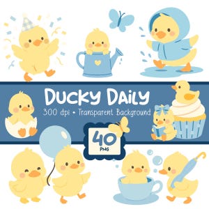 Op de afbeelding: Een verzameling cartoon eendjes in verschillende poses, waaronder een met een feesthoedje en een ander in een regenjas. De afbeelding bevat de tekst "Ducky Daily" en "40 PNG". Het kleurenpalet is voornamelijk geel en blauw.