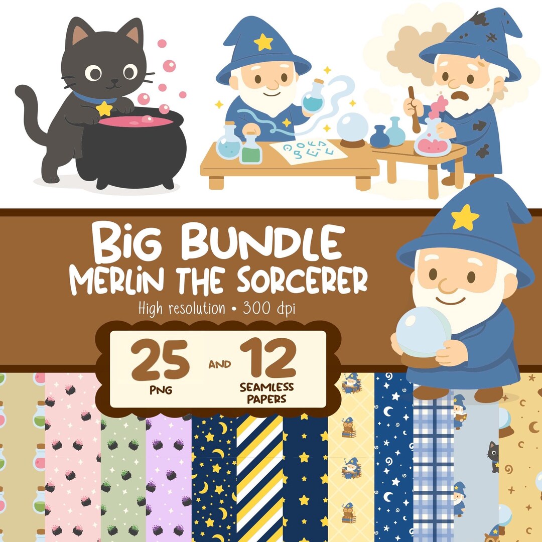 Merlin Pattern Merlin the Sorcerer – Clipart & Papers Bundle | 40 PNG + 12 Patterns ...