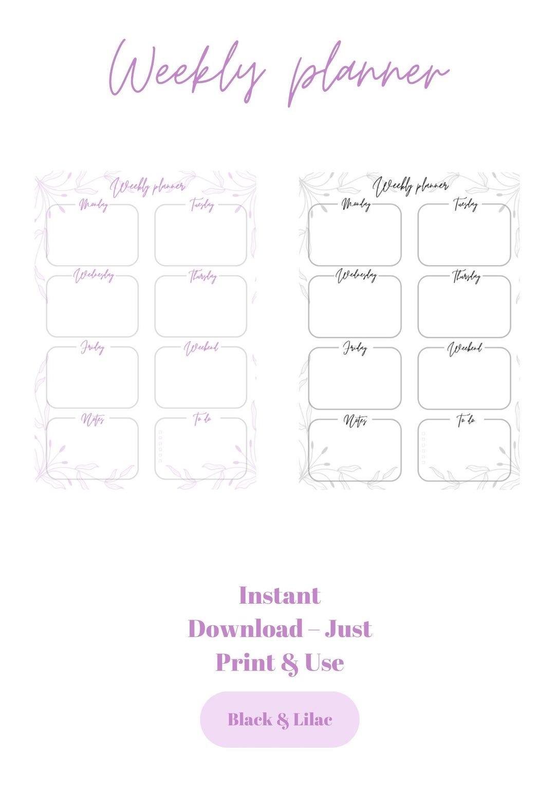 Weekly Planner PDF | Lilac & Black Printable and Editable - Etsy UK