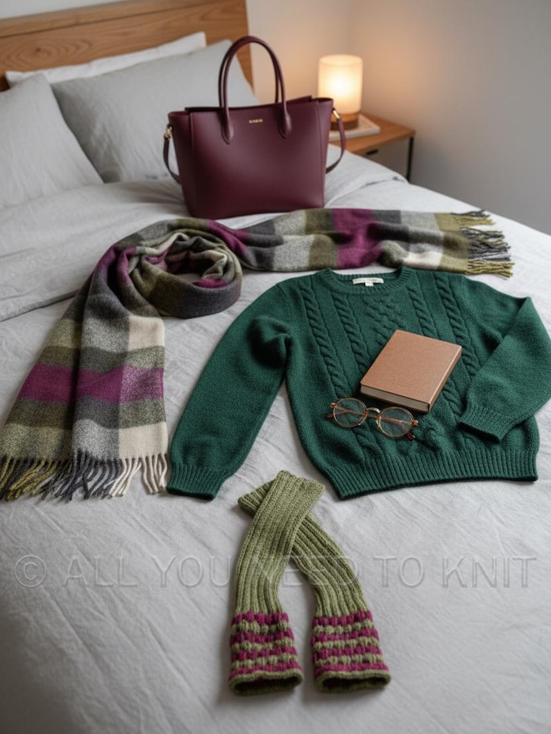 May include: An assortment of autumn and winter accessories, including a burgundy tote bag, a green cable-knit jumper, a plaid scarf with fringe, a small book, glasses, and green and purple arm warmers. The items are arranged on a bed.
