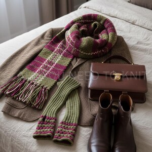 May include: A selection of autumn fashion accessories. A green and magenta plaid scarf with tassels, matching fingerless gloves, a brown blazer, a leather handbag, and brown leather ankle boots are displayed.