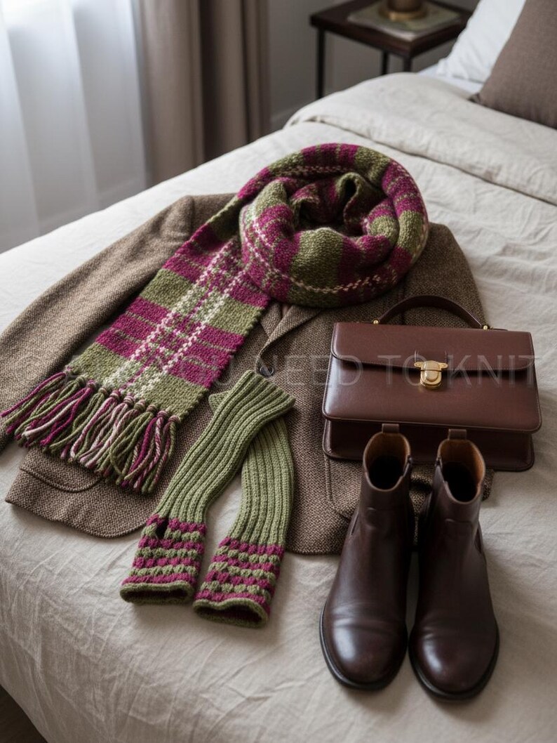 May include: A selection of autumn fashion accessories. A green and magenta plaid scarf with tassels, matching fingerless gloves, a brown blazer, a leather handbag, and brown leather ankle boots are displayed.