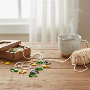 May include: A wooden box with yarn and colorful stitch markers sits on a wooden table next to a mug of steaming liquid and a ball of yarn. The stitch markers are yellow, green, and black.