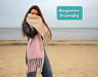 Oversized Fluffy Scarf with Fringe Knitting Pattern (PDF): Two-colored Stylish Long Scarf