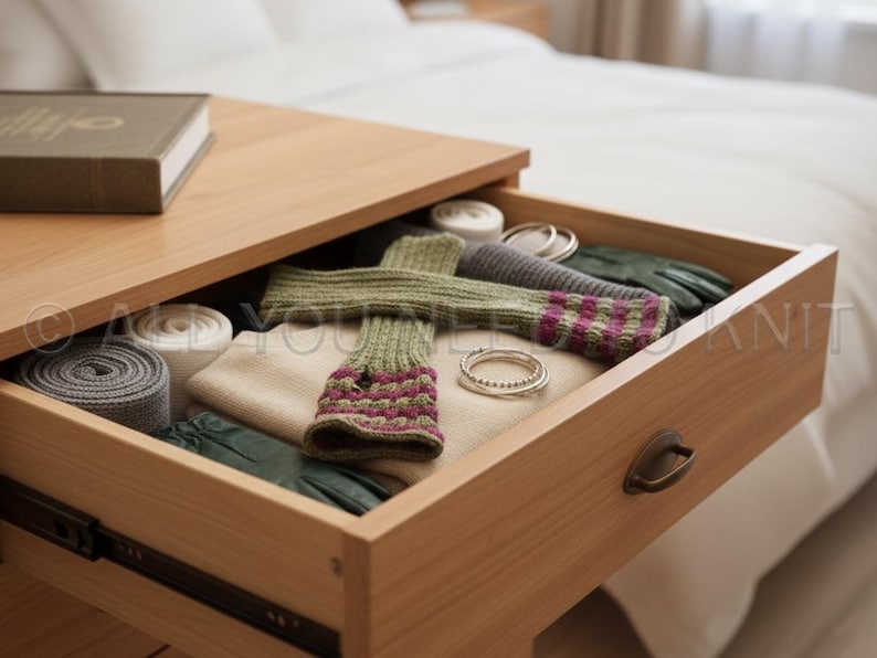 May include: A wooden drawer filled with various items. The drawer contains a pair of green and purple striped fingerless gloves, a beige sweater, green gloves, and silver bracelets. A book rests on the wooden surface above the drawer.