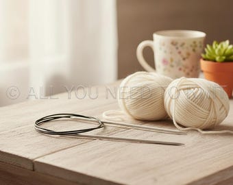 May include: Two cream-colored yarn balls and a pair of circular knitting needles with a black cord. The needles are metallic silver. The text "ALL YOU NEED TO KNIT" is visible in the background. The items are arranged on a light wooden surface.