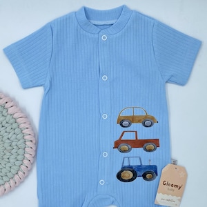 Knitted Cotton Baby Romper – Blue Short Sleeve Bodysuit with Car Print, Summer Infant Outfit, Baby Shower Gift