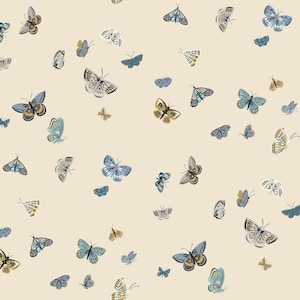 May include: A cream-coloured background features a pattern of butterflies in various sizes. The butterflies are in shades of blue, gold, and white, with detailed wing patterns. The design is scattered across the surface.