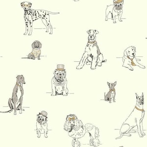 May include: A repeating pattern on a cream background featuring various dog breeds illustrated in black and white line art. Several dogs are wearing accessories including gold-colored glasses, hats, striped sweaters, bow ties, and neckties.