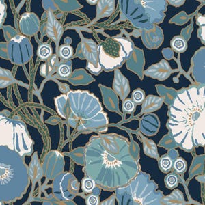 May include: A floral pattern featuring large stylized flowers in shades of blue, teal, and white against a dark navy background. The design includes leaves and berries with gold-colored outlines, creating a botanical theme.