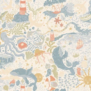 May include: A patterned fabric featuring a nautical theme with illustrations of whales, lighthouses, ships, octopuses, jellyfish, seashells, and a sun on a cream background. The design uses a muted color palette of blue, coral, and yellow.
