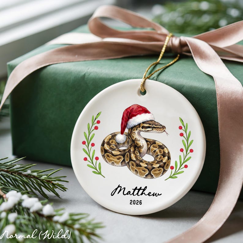 May include: A round white ceramic ornament featuring a brown and tan patterned snake wearing a red and white Santa hat. The design includes two green leafy branches with red berries on either side, with the name Matthew and the year 2026 printed below.