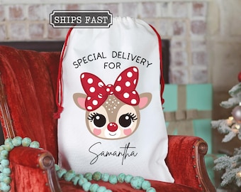 Personalized Santa Sack Reindeer Girl Custom Name Christmas Gift Bag For Kids Canvas Santa Sack With Bow Reusable Christmas Gift Sack
