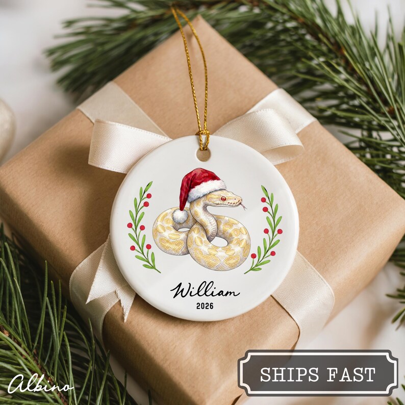 May include: A round white ceramic ornament featuring a coiled albino snake wearing a red and white Santa hat, flanked by two green leafy sprigs with red berries. The name William and the year 2026 are printed in black text below the snake.