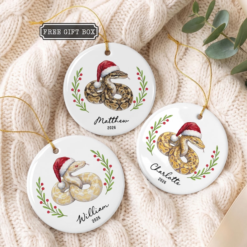 May include: Three round white ceramic ornaments featuring illustrations of snakes wearing red and white Santa hats, framed by green holly leaves and red berries. Each ornament is personalized with a name and the year 2026 in black script.