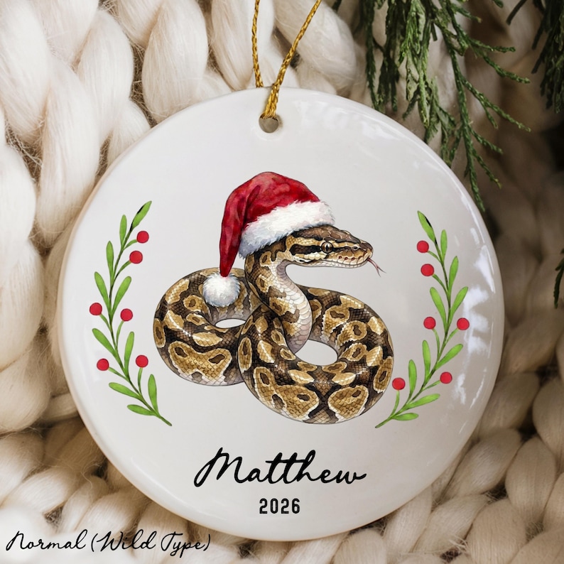 May include: A round white ceramic ornament featuring a brown and tan patterned snake wearing a red and white Santa hat. The snake is flanked by two green leafy branches with red berries. The name Matthew and the year 2026 are printed in black.