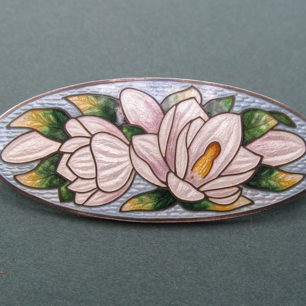 Art Nouveau Brooch Antique Sterling Silver Enamel Lotus Flowers Circa 1915