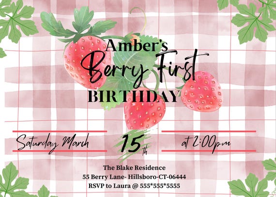 Berry First Birthday Invitation- Digital Download