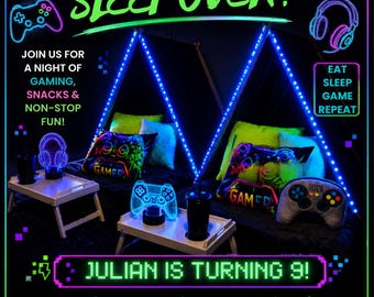 May include: A neon-themed invitation for a Level Up Sleepover party. The invitation features a gaming theme with controllers, pillows, and the text "Level Up Sleepover!" The event is for Julian's 9th birthday, with the date, time, and location details.