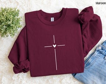 Cute Heart Cross Sweatshirt, Christian Women Sweater, Cross with Heart Tee, Jesus Clothing, Religious Mom Gift, Faith Gift,