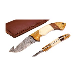 Hand Forged Damascus Steel Hunting Knife | Gut Hook Skinning Knife | Olive Wood Bone Handle | Leather Sheath | Custom Gift