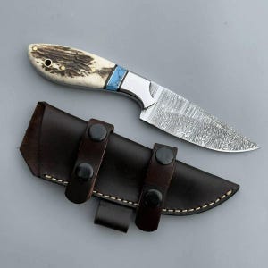 Puede incluir: Un cuchillo artesanal con una hoja estampada y un mango de hueso y detalles azules. El cuchillo va acompañado de una funda de cuero marrón oscuro con cierres de botón a presión. La hoja mide unos 10 cm.