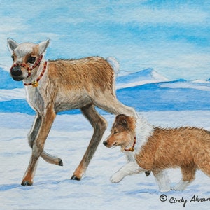 Collie Puppy with Reindeer Calf, &quot;Jingle Belles&quot; limited edition print