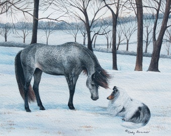 May include: A watercolor painting of a gray horse and a blue and white dog in a snowy winter landscape. The horse is looking down at the dog, which is sitting on the ground. The trees in the background are bare and the sky is a light blue.